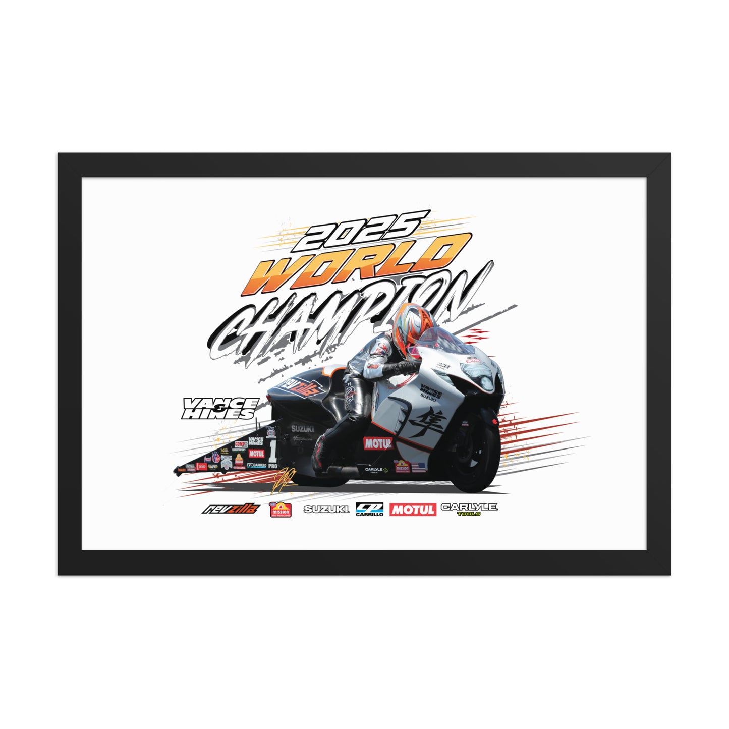 Black-framed racing poster featuring a motorcycle rider and 2025 World Champion lettering