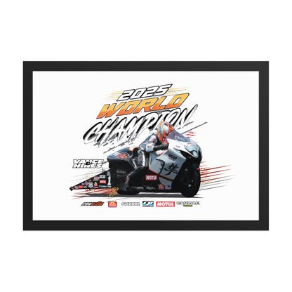 Black-framed racing poster featuring a motorcycle rider and 2025 World Champion lettering