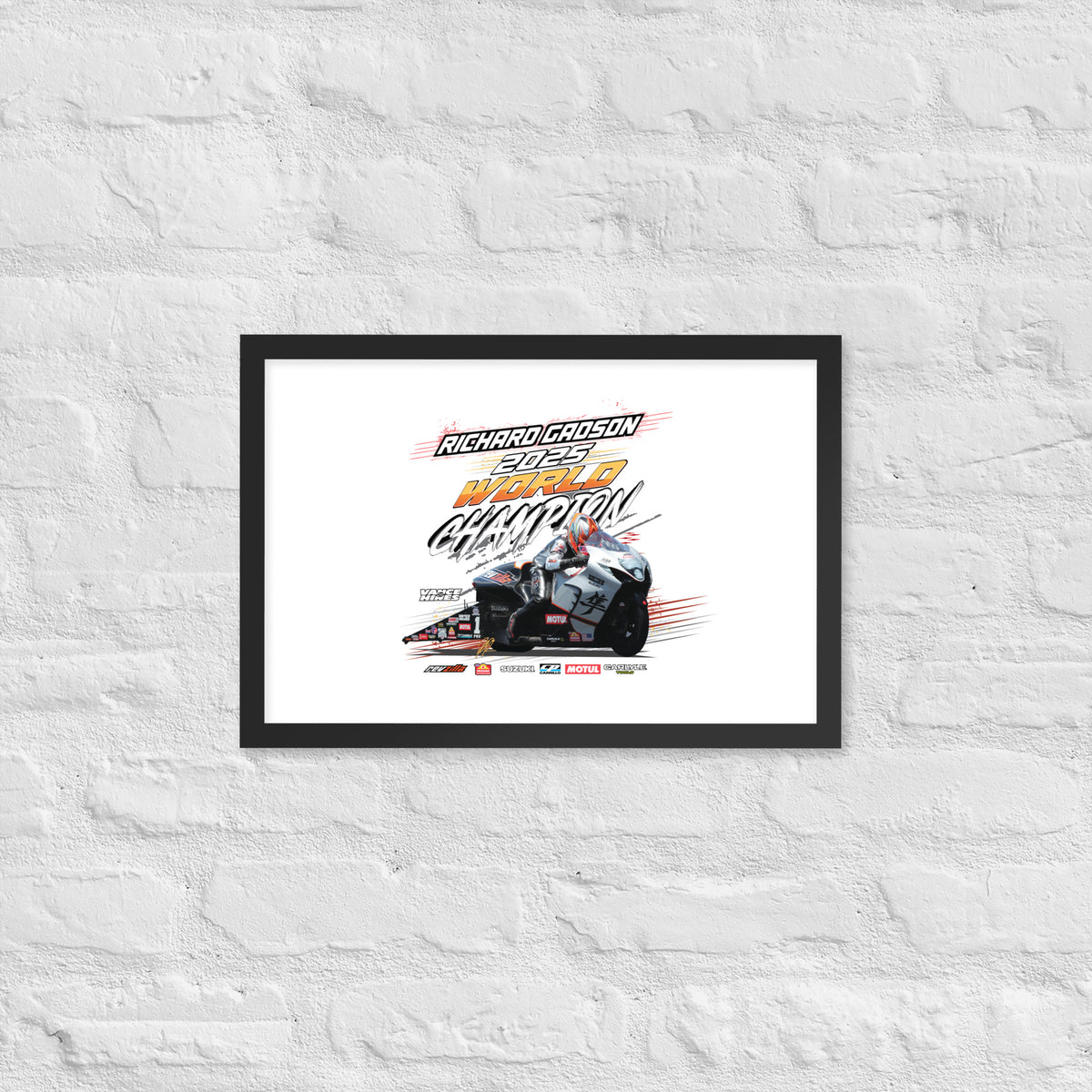 Framed racing poster with black border and central race vehicle artwork with championship lettering