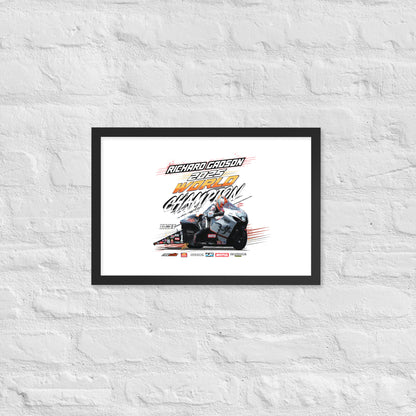 Framed racing poster with black border and central race vehicle artwork with championship lettering