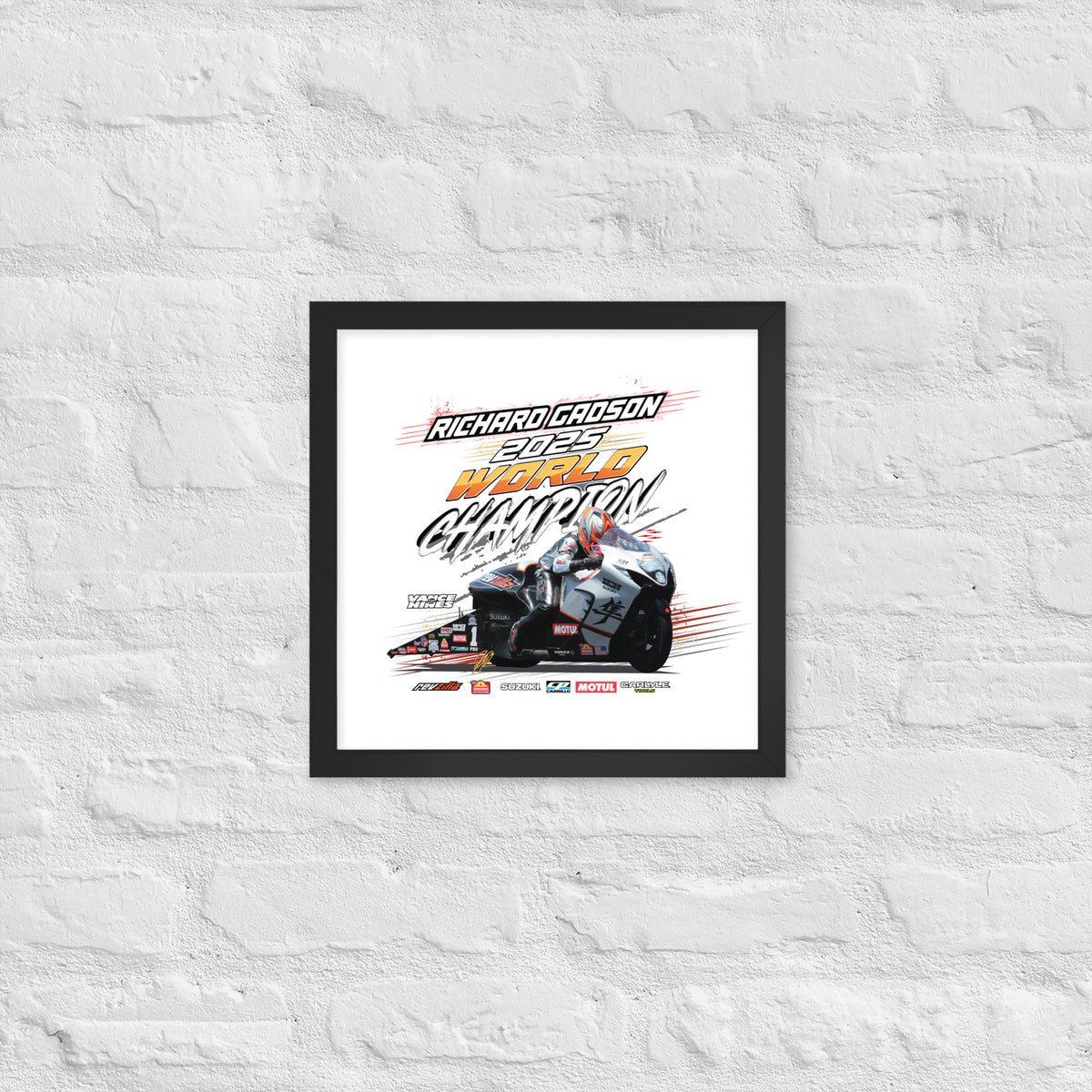 Small framed racing poster with black border featuring race car artwork and championship lettering