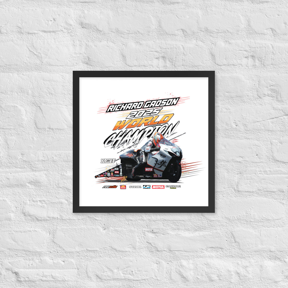 Framed racing poster with black border and race car illustration with bold “World Champion” title