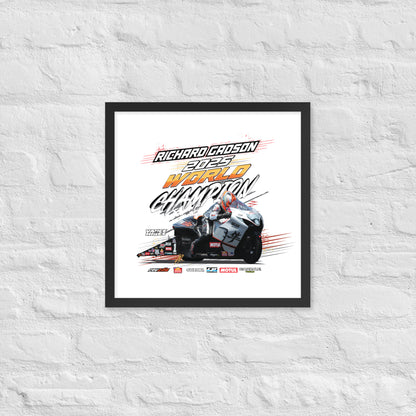 Framed racing poster with black border and race car illustration with bold “World Champion” title