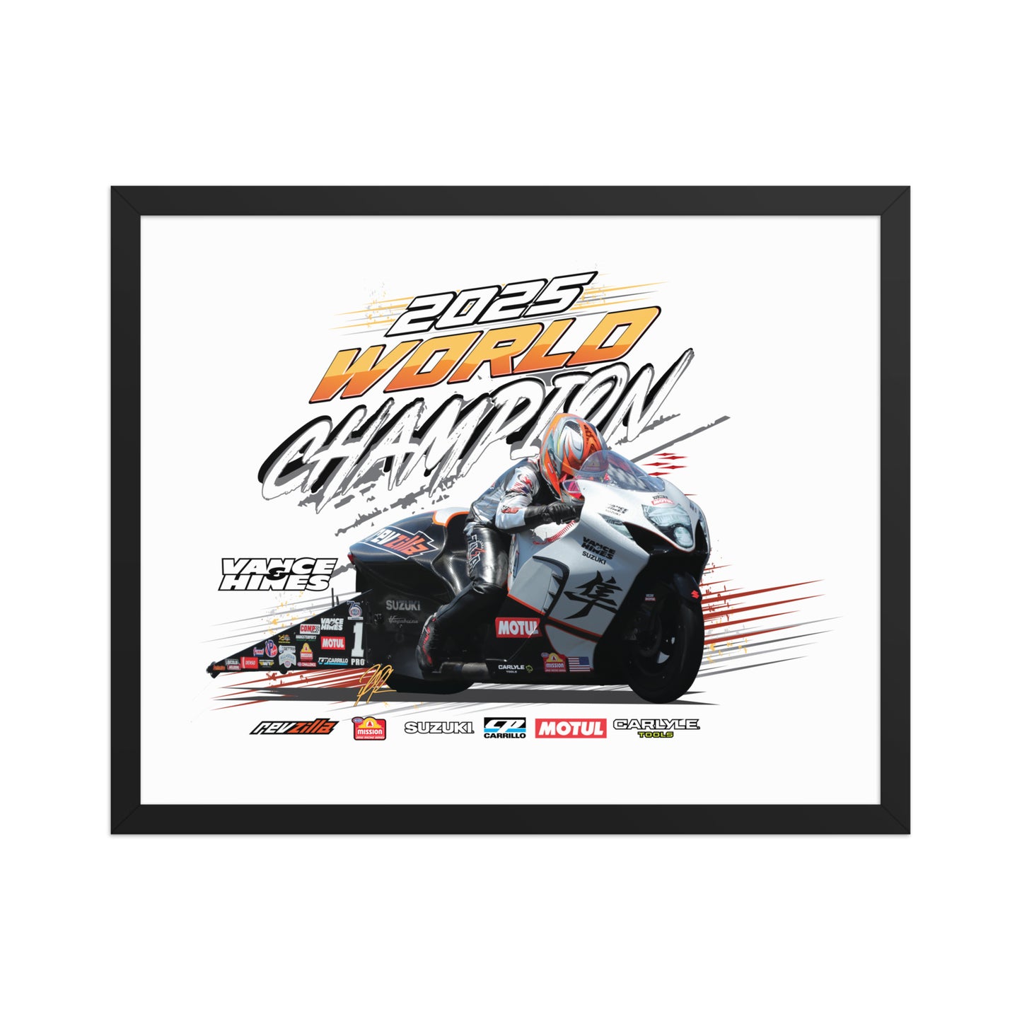 Black-framed racing poster showing motorcycle rider illustration and 2025 World Champion lettering