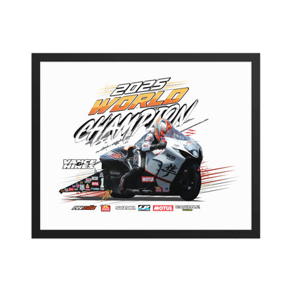Black-framed racing poster showing motorcycle rider illustration and 2025 World Champion lettering