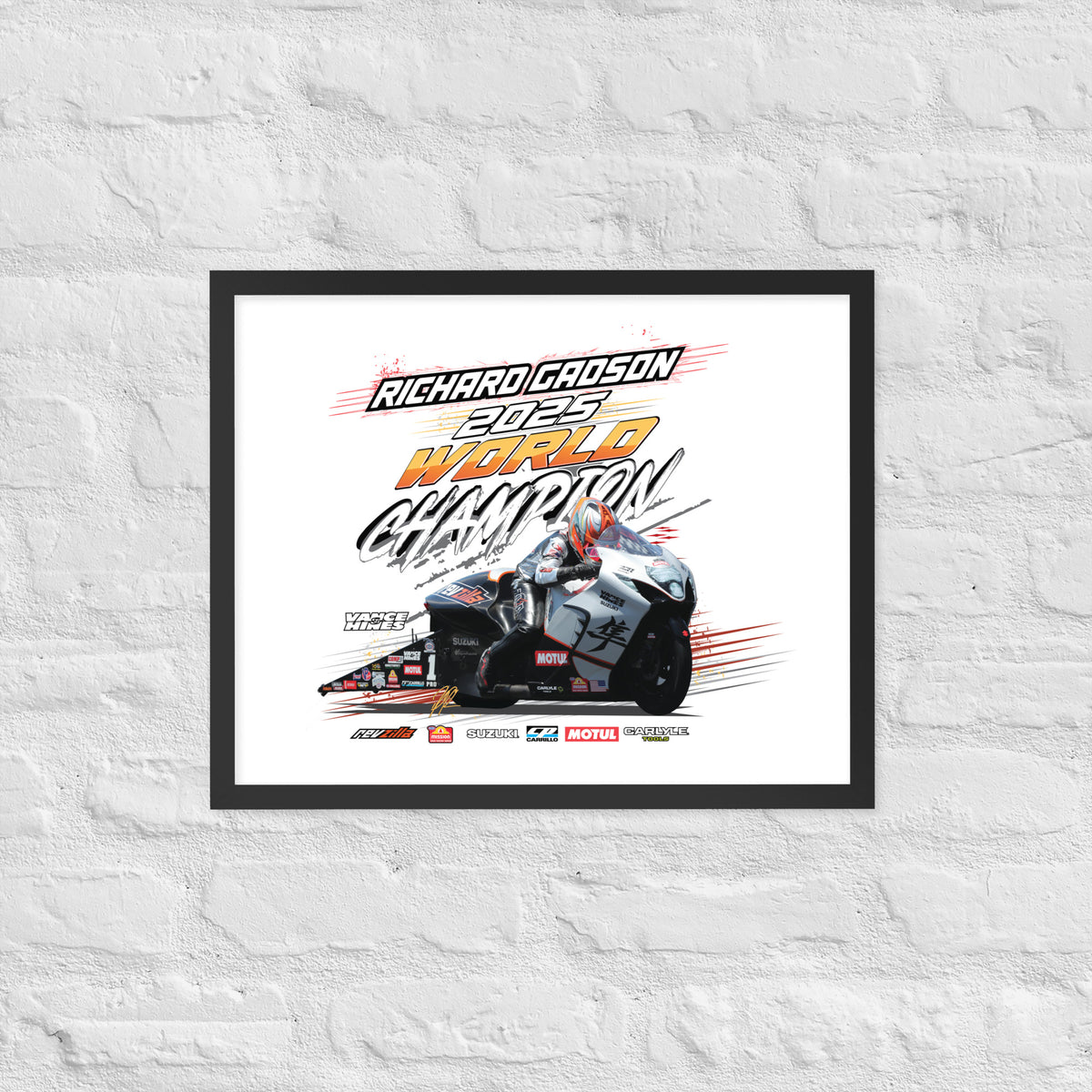 Framed racing poster with black border featuring a detailed race car illustration and championship text