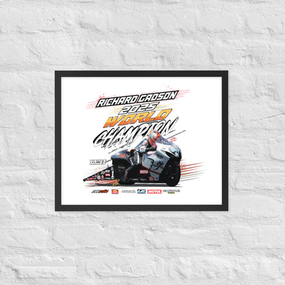 Framed racing poster with black border featuring a detailed race car illustration and championship text
