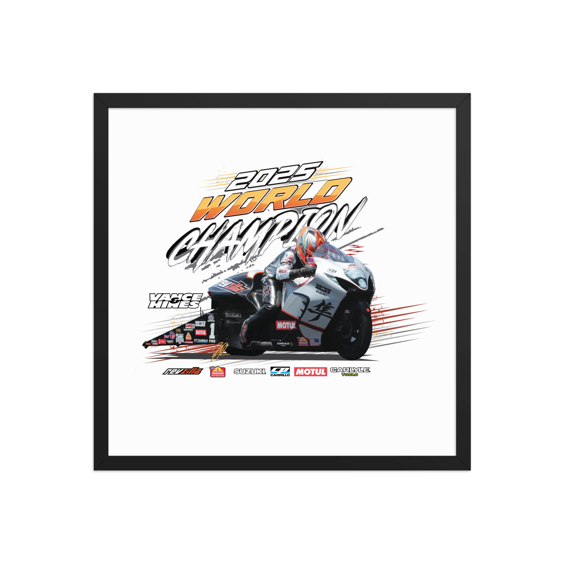 Black-framed racing championship poster with motorcycle artwork and 2025 World Champion text