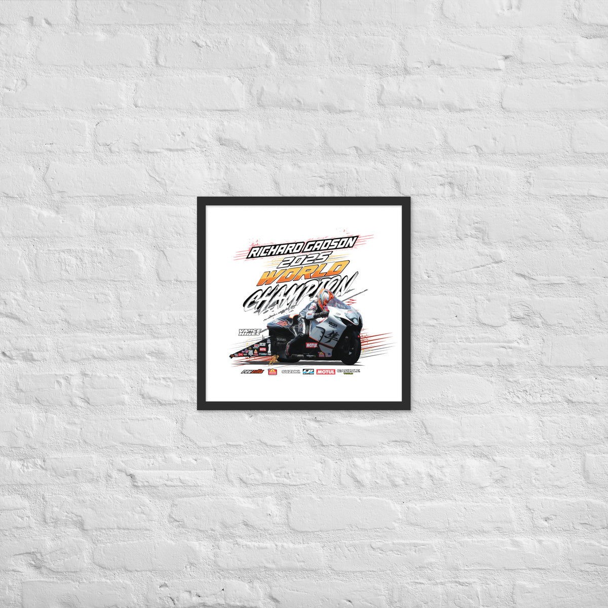 Framed racing championship poster with colorful car graphic and bold title, black border.