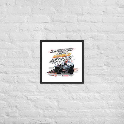 Framed racing championship poster with colorful car graphic and bold title, black border.