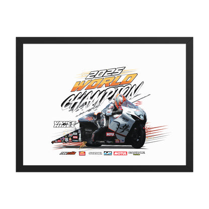 Framed racing championship poster with black frame and blue/gray motorcycle graphic