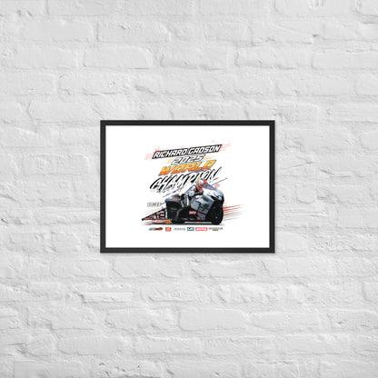 Framed racing poster with black border and colorful race car graphic and event title