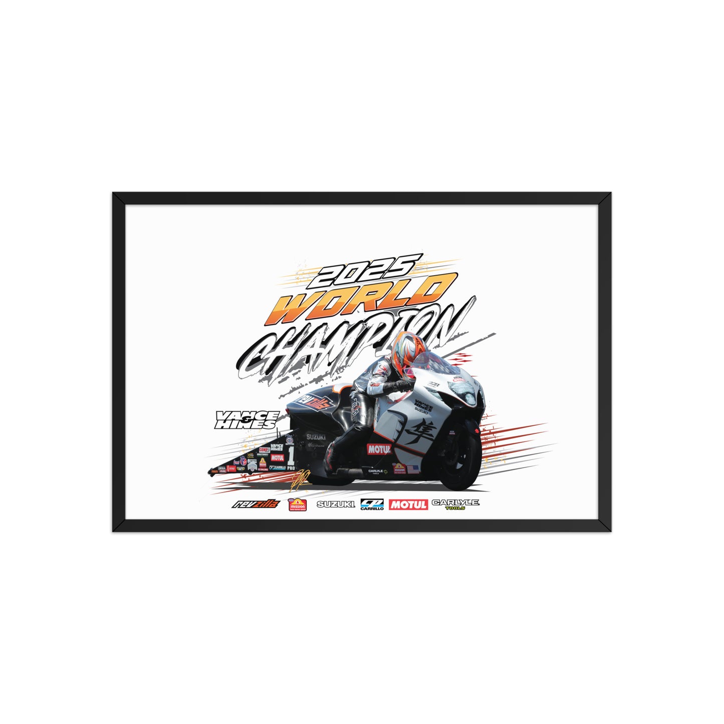 Framed racing championship poster with black frame and centered motorcycle action graphic