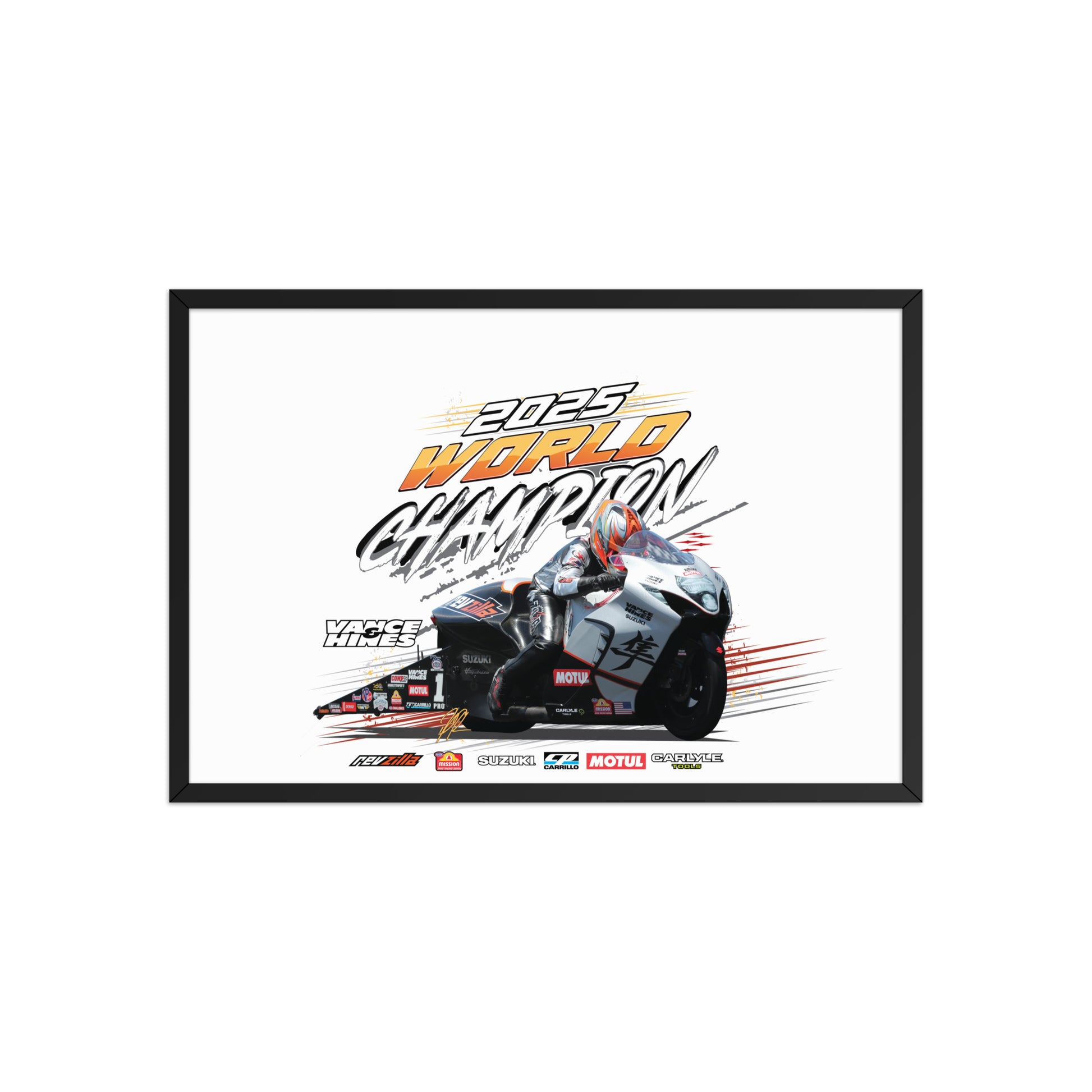 Framed racing championship poster with black frame and centered motorcycle action graphic