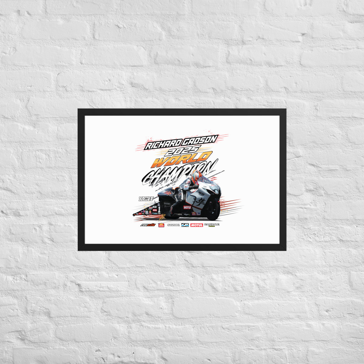 Framed landscape racing championship poster with car graphic, black frame and white mat.