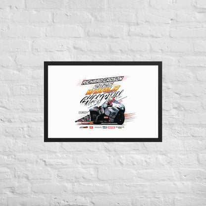 Framed landscape racing championship poster with car graphic, black frame and white mat.