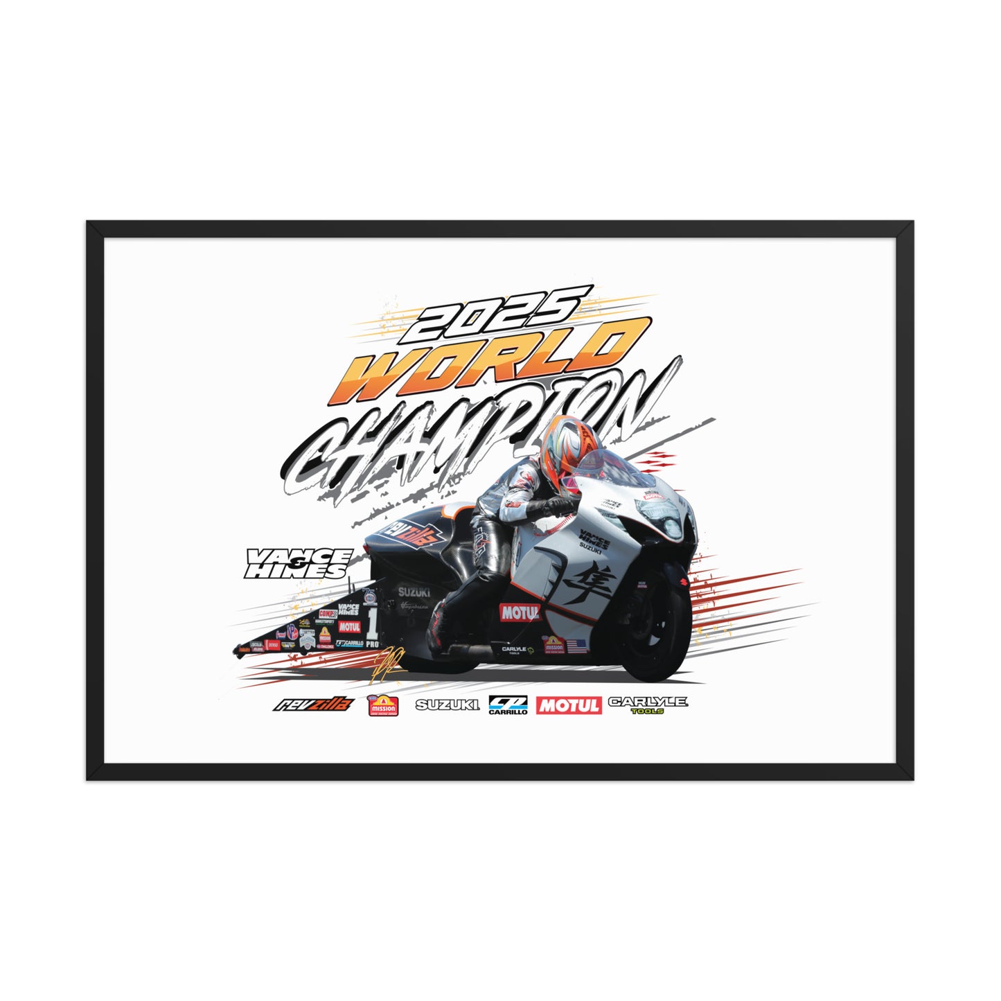 Framed racing championship poster with black frame and 2025 world champion motorcycle artwork
