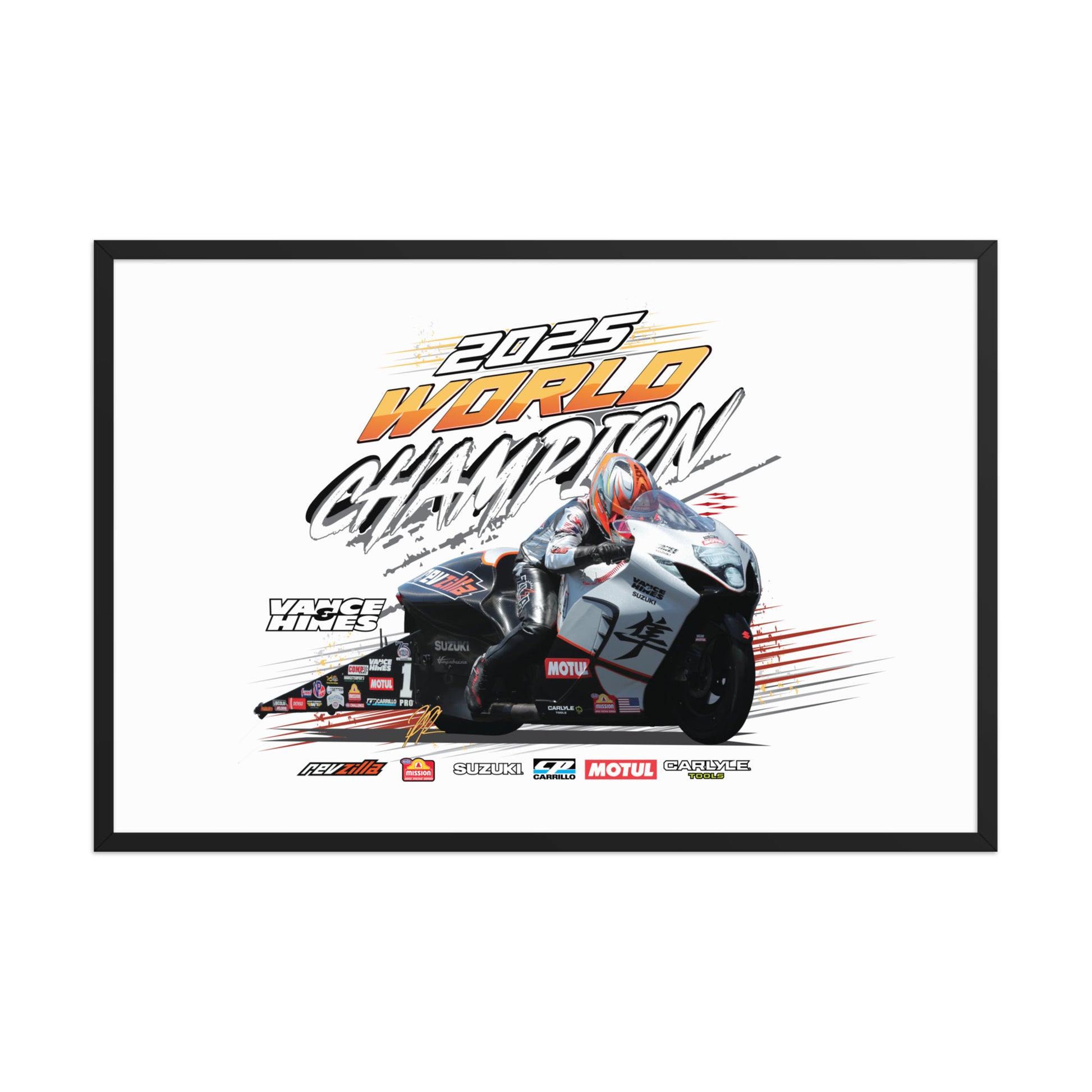 Framed racing championship poster with black frame and 2025 world champion motorcycle artwork