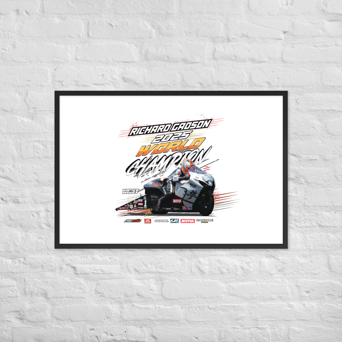 Framed racing poster with black border featuring a race car illustration and “World Champion” text