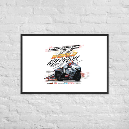 Framed racing poster with black border featuring a race car illustration and “World Champion” text