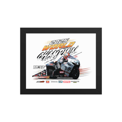 Black-framed racing poster with motorcycle illustration and 2025 World Champion lettering