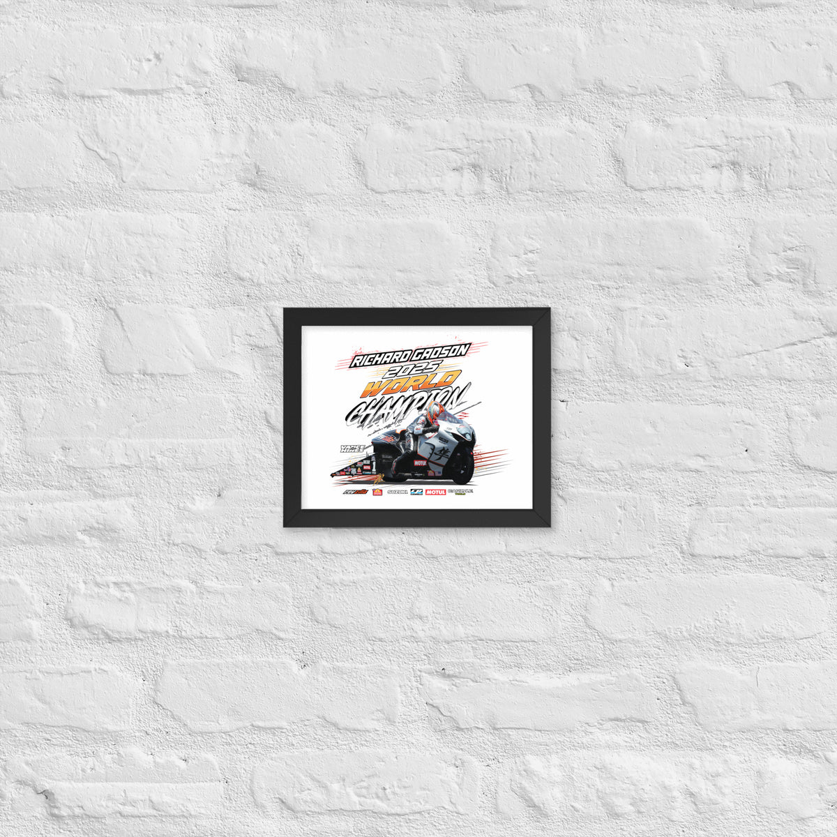 Small framed racing poster with black border and race car graphic with championship headline