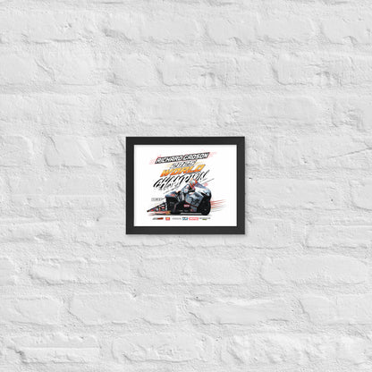 Small framed racing poster with black border and race car graphic with championship headline