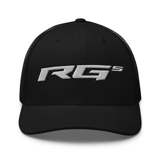 Black trucker cap with front RC5 logo patch and stitched mesh panel detail