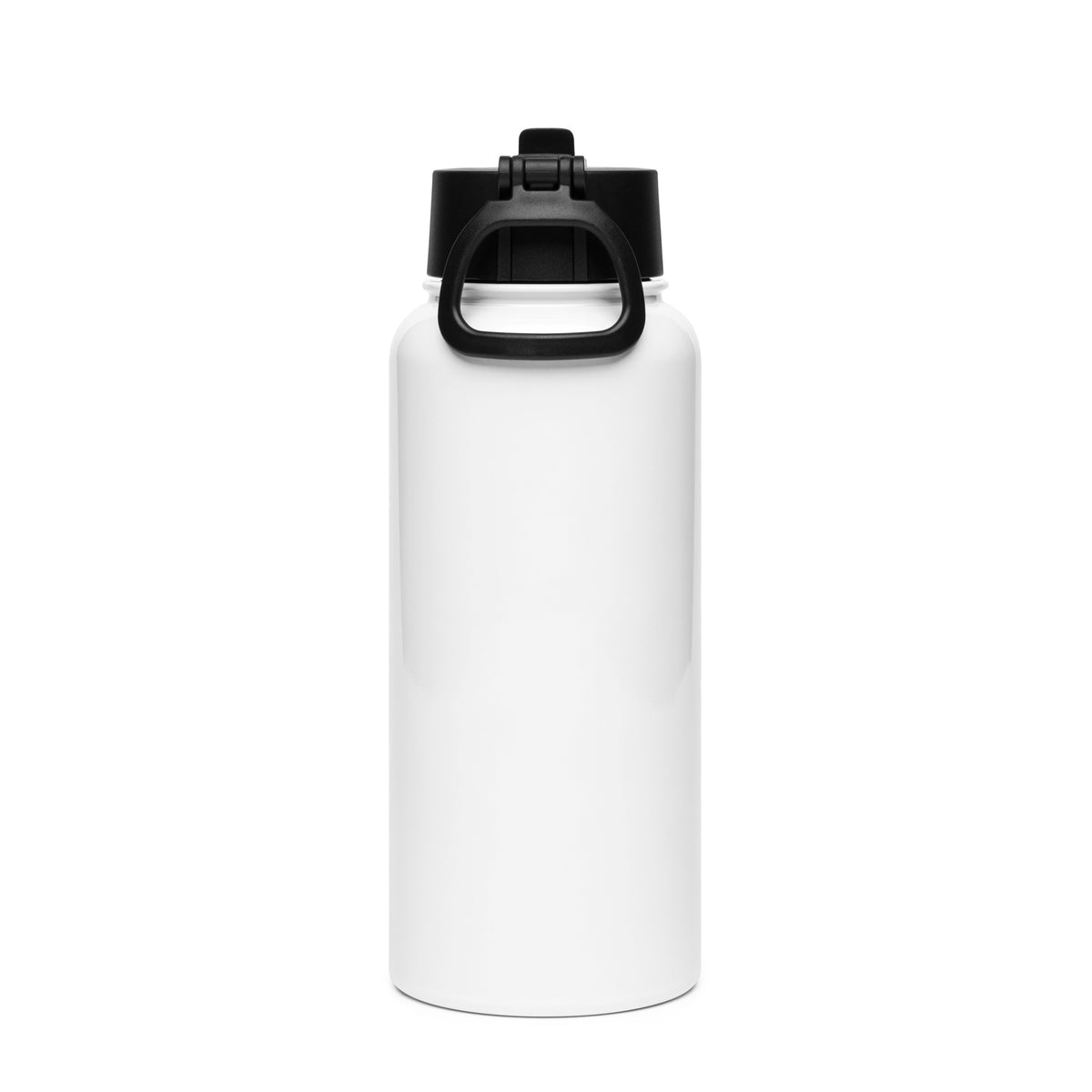 RG Championship water bottle with black flip-top handle, plain white body.