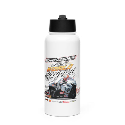White water bottle with black lid and colorful racing graphic on front.