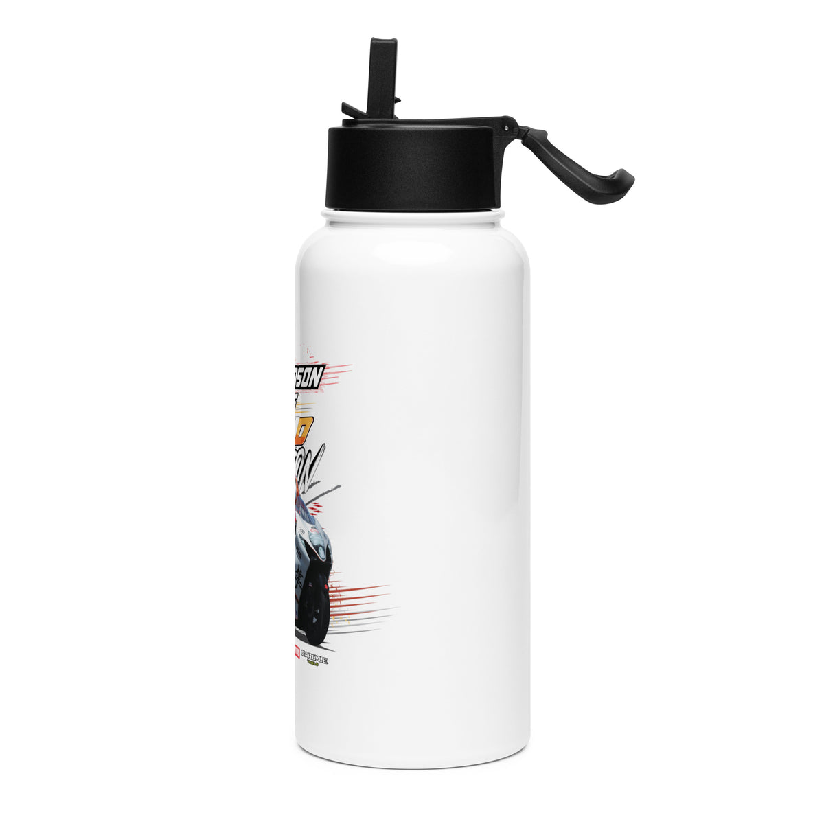 White water bottle with black lid and side racing graphic, black carrying handle.