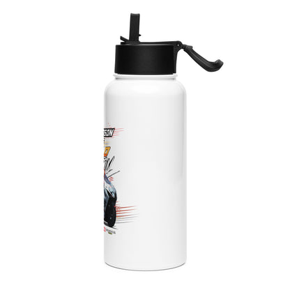 White water bottle with black lid and side racing graphic, black carrying handle.