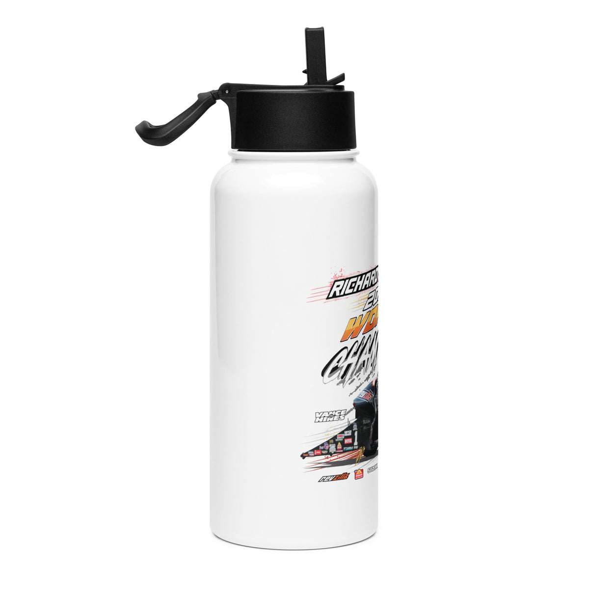 White water bottle with black lid and partial racing poster graphic on side.