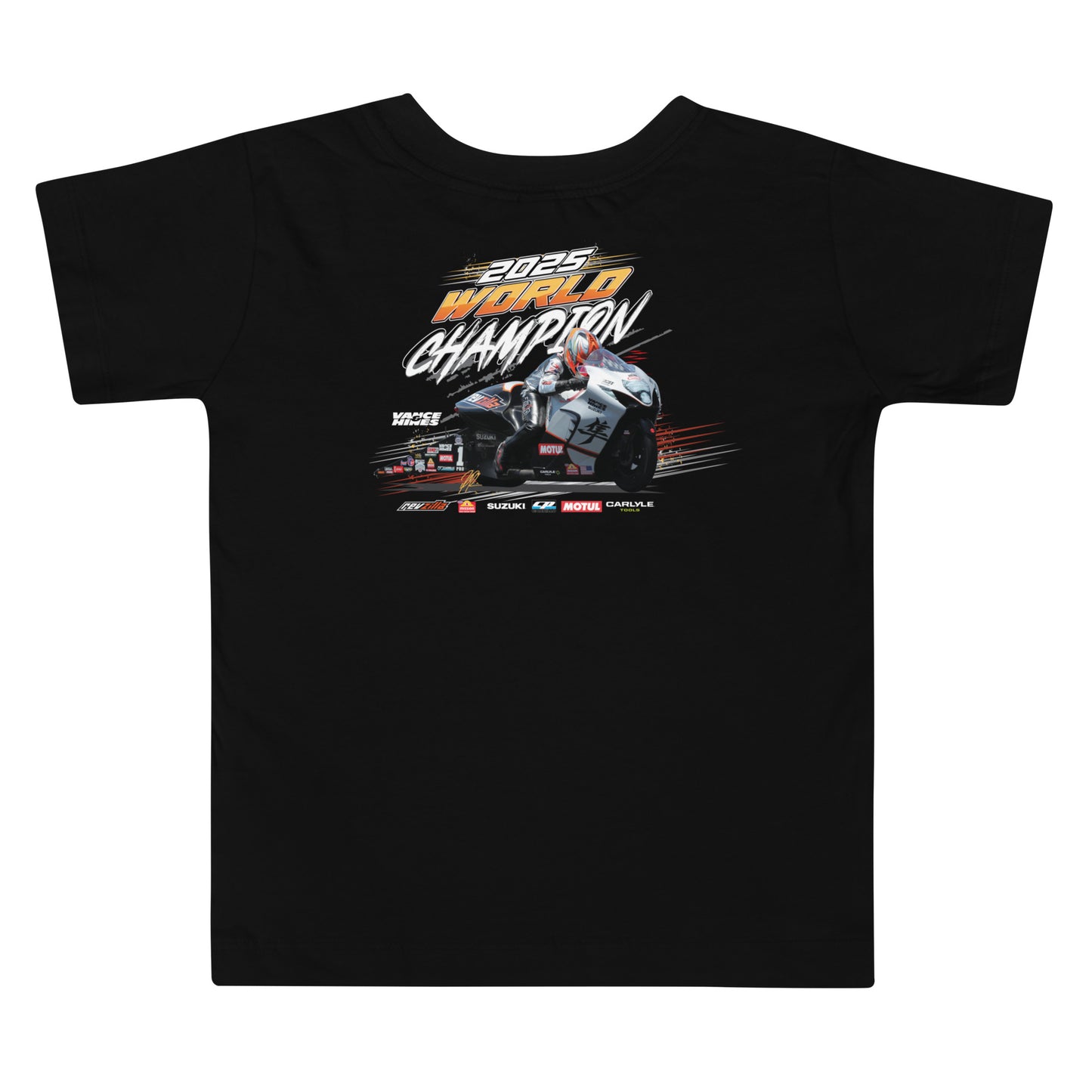 Black toddler T-shirt with RG5 World Championship racing graphic on front