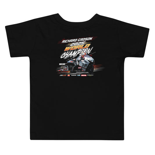 Toddler black graphic tee shirt with racer championship design on front