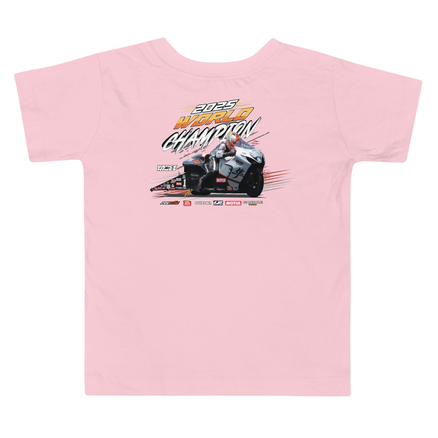 Pink toddler T-shirt with racing world championship graphic on front