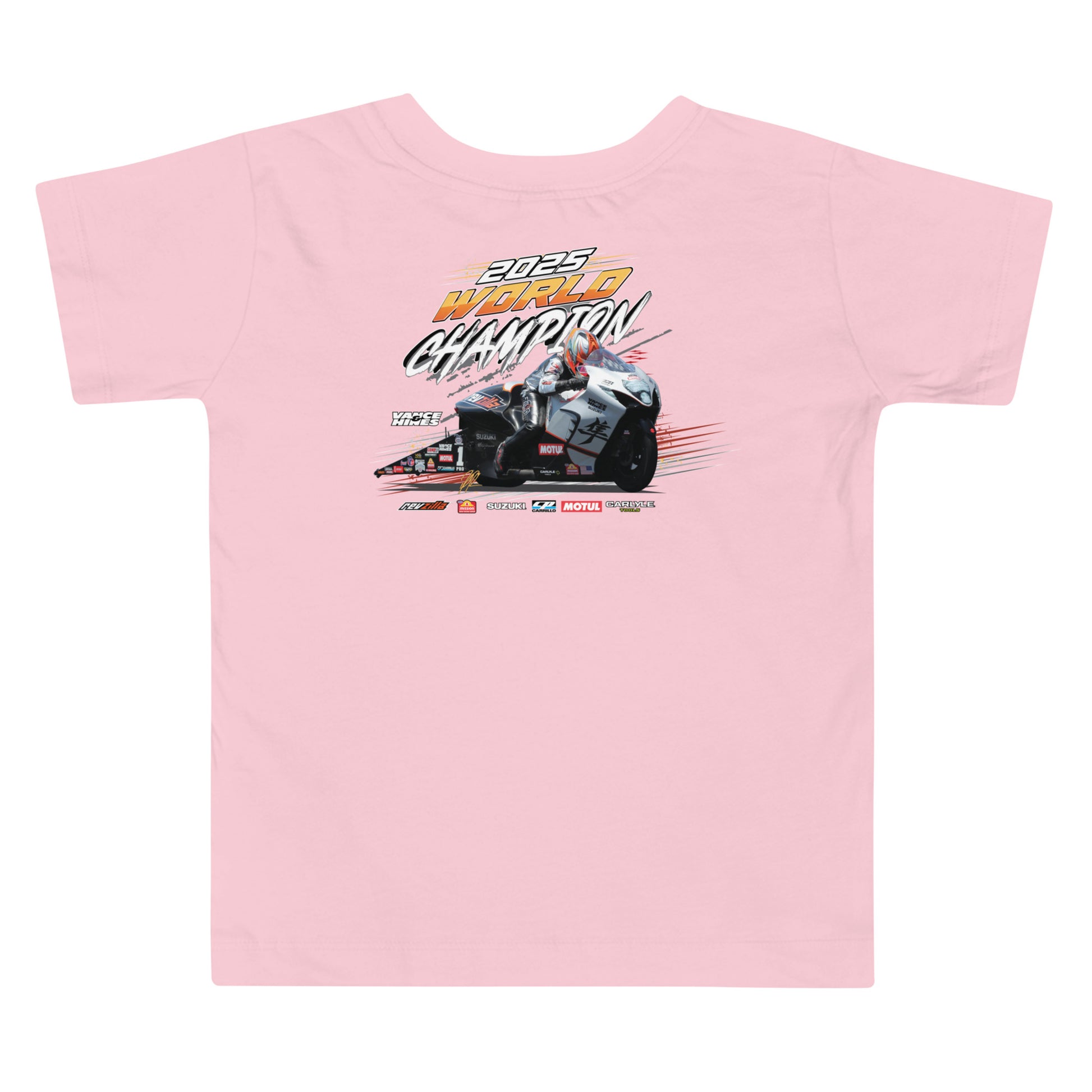 Pink toddler T-shirt with racing world championship graphic on front