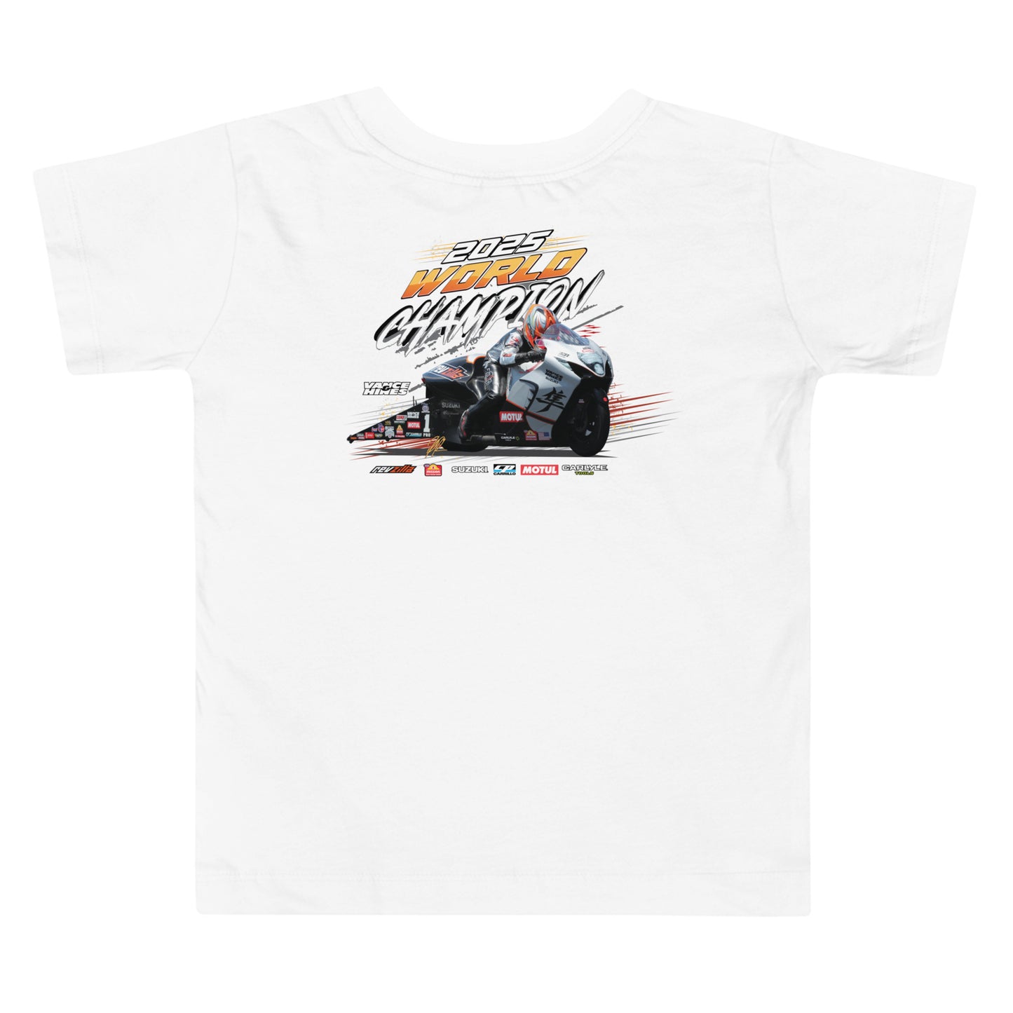 White toddler T-shirt with racing world championship graphic on front