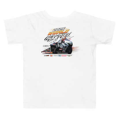 White toddler T-shirt with racing world championship graphic on front