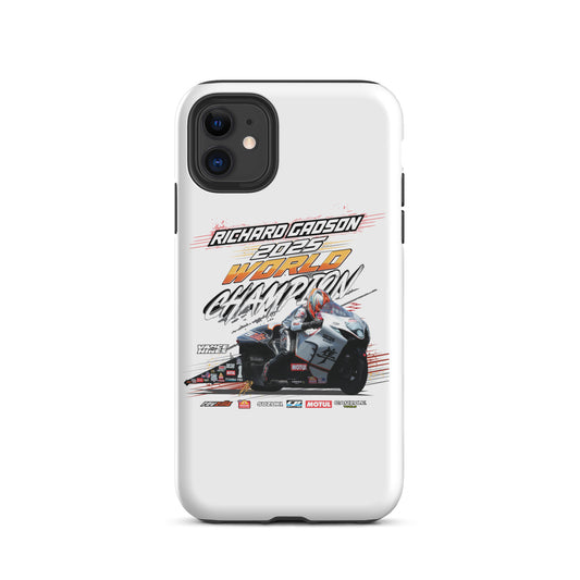 White tough phone case with black camera cutouts and racing championship graphic