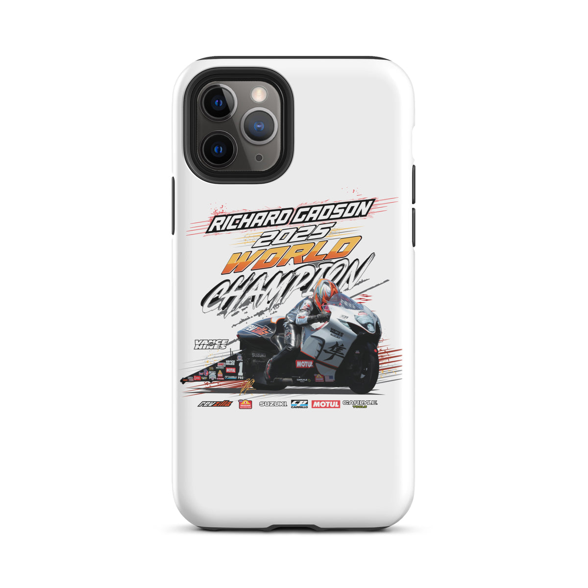 White tough phone case with black camera cutouts and colorful racing event artwork
