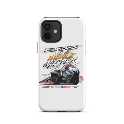 White tough phone case with black camera cutouts and racing graphic on the back