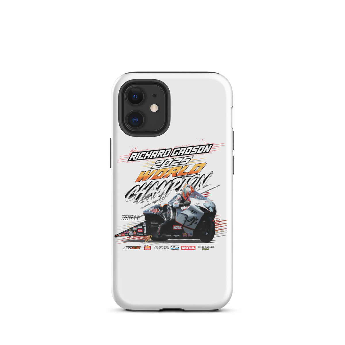 White tough phone case with black camera cutouts and racing championship poster design