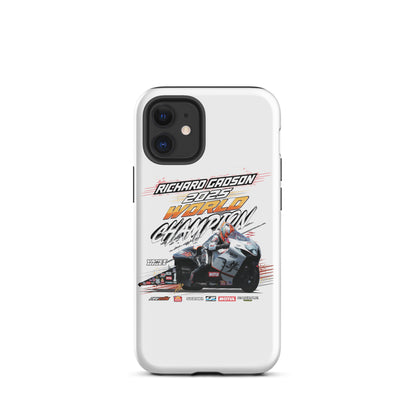 White tough phone case with black camera cutouts and racing championship poster design