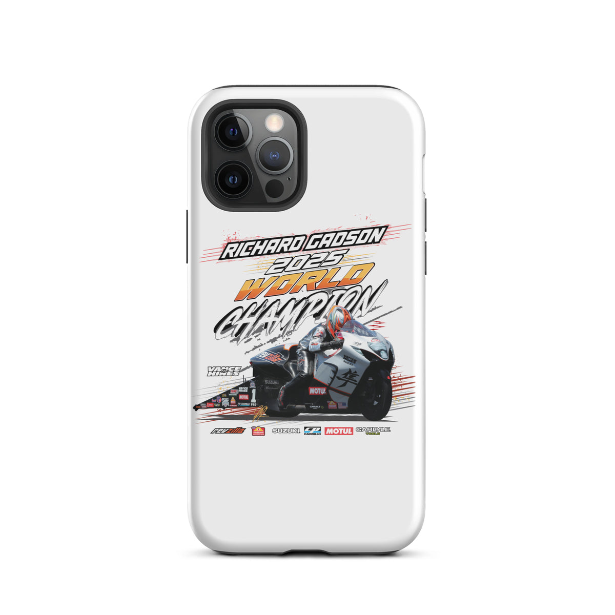 White tough phone case with black camera cutouts and large racing championship artwork