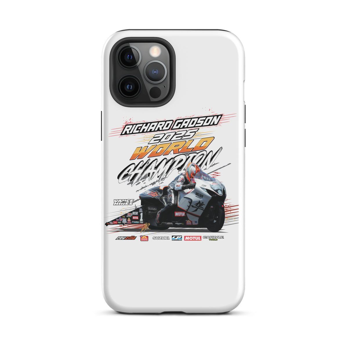 White tough phone case with black camera cutouts and front-facing racing event graphic
