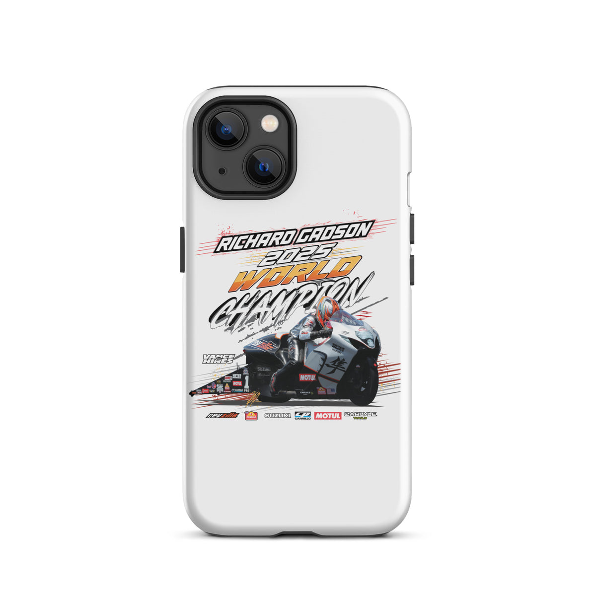 White tough phone case with black camera cutouts and racing championship decal print