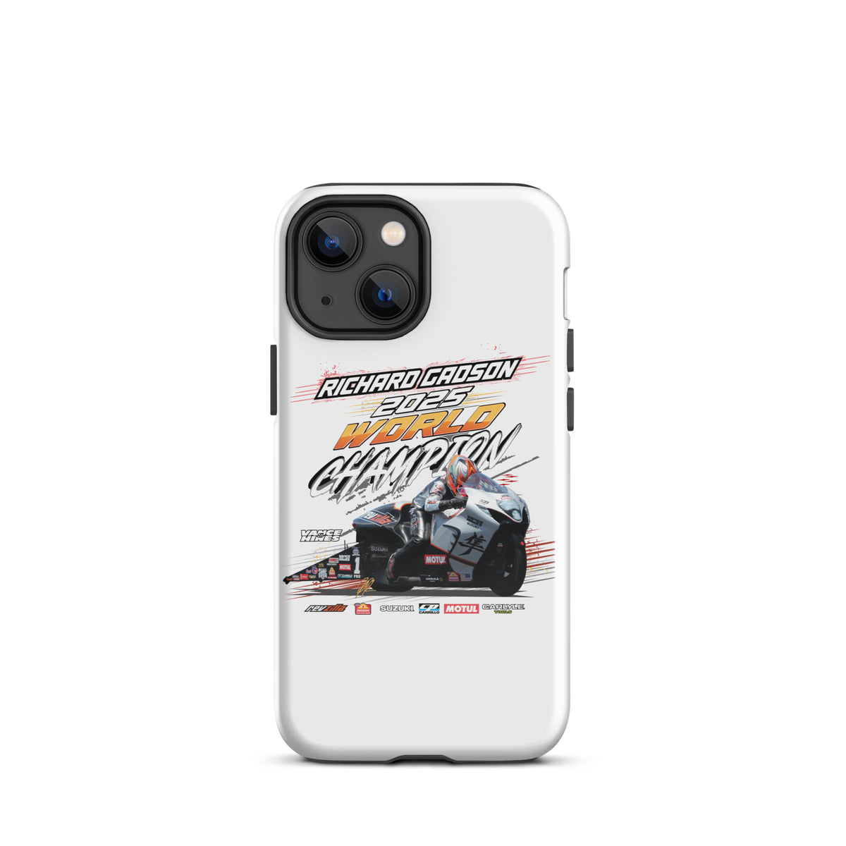 White tough phone case with black camera cutouts and detailed racing championship scene