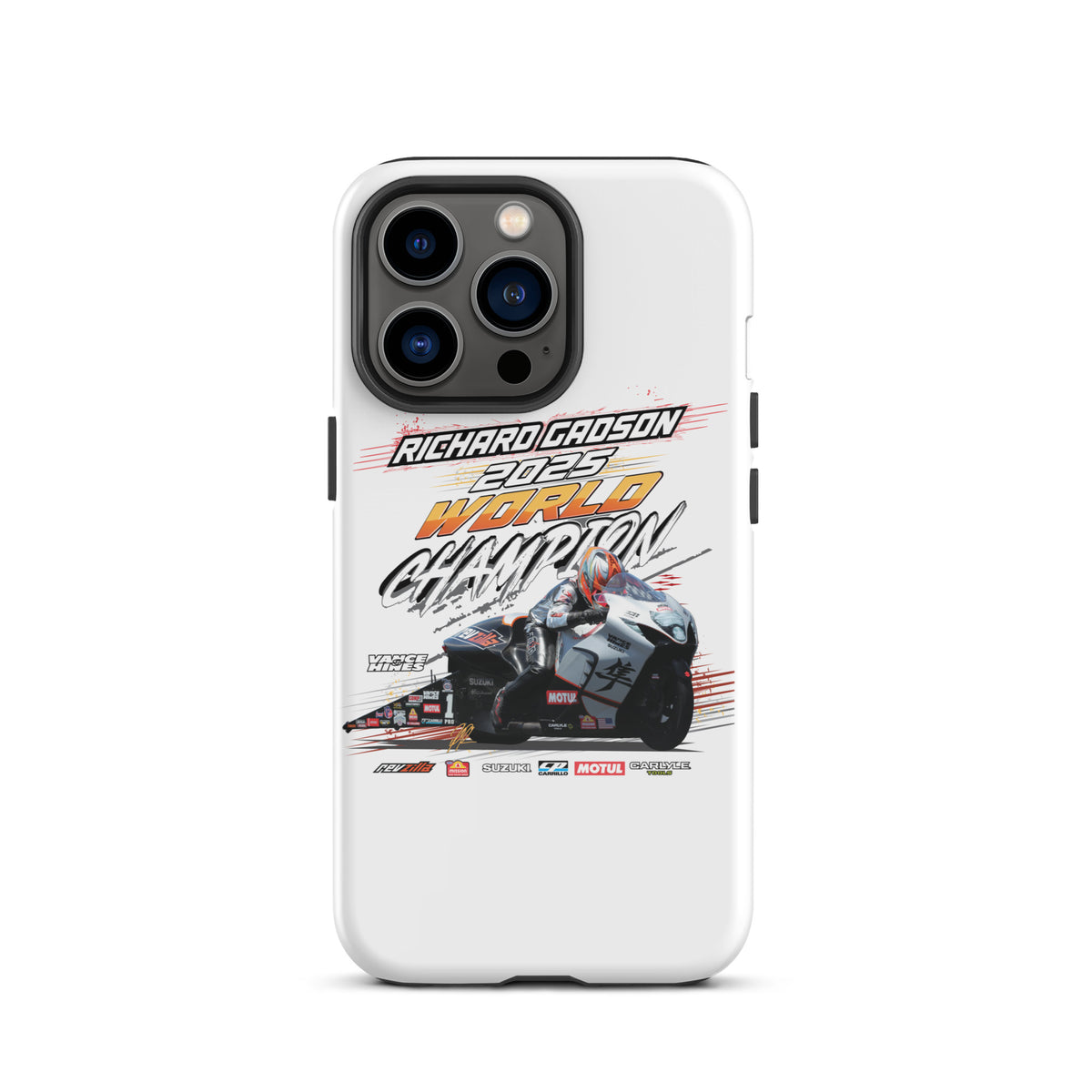 White tough phone case with black camera cutouts and bold racing championship illustration