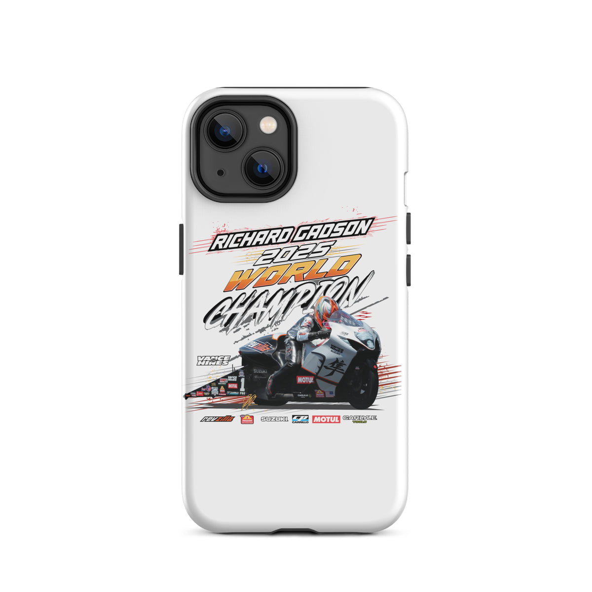 White tough iPhone case showing back camera openings and side button cutouts.